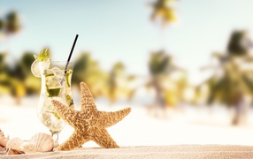Морская звезда и бокал мохито на песке летом