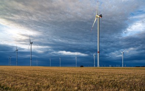 Wind turbines in a field under a beautiful sky