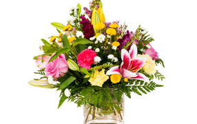 Красивый букет в стеклянной вазе на белом фоне