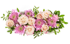 Букет хризантем с белыми розами на белом фоне 
