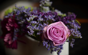 Розовая роза с синими цветами в вазе