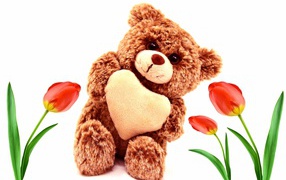 Игрушка медвежонок с красными тюльпанами на белом фоне