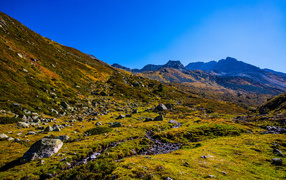 Зеленая трава на склоне горы под голубым небом 