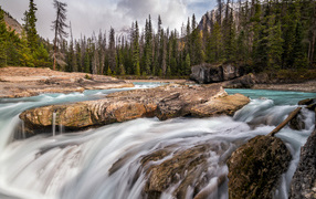 Большие камни в горной реке на фоне леса 