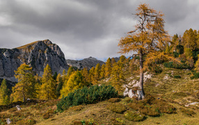 Осенний горный пейзаж под грозовым небом