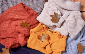 Warm knitted clothes with autumn leaves