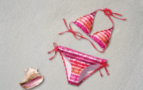 Купальник и ракушка лежат на песке летом 