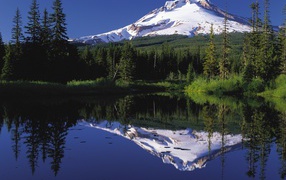 The sleeping Mount Hood volcano is reflected in the water, USA