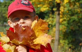 Мальчик в красной кепке с листьями в руках 