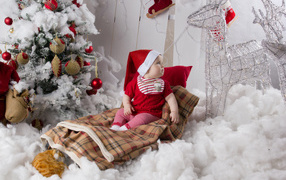 Маленький ребенок в санках возле наряженной ели