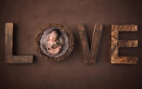 Маленький грудной ребенок с надписью любовь 