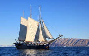 Large sailing frigate at the mountains