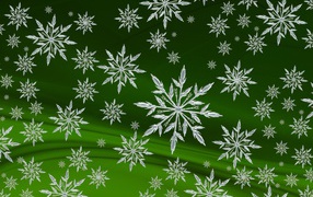Красивый зеленый фон с белыми снежинками 