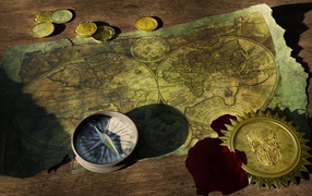 Старая карта с компасом и монетами