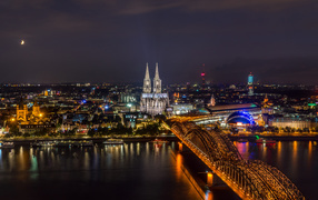 View of the old town of Cologne at night, Germany