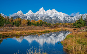 Mountains and river in Grand Teton National Park, USA