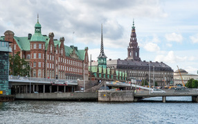 Beautiful old buildings by a water canal, Copenhagen. Denmark