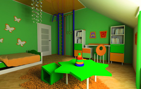 Children's room with green walls and furniture