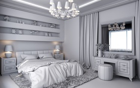 Gray bedroom interior with a large chandelier