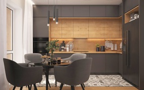 Gray kitchen with wood inserts