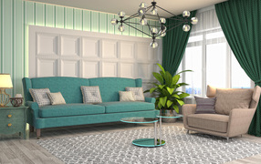 Large blue sofa in the living room with a balcony