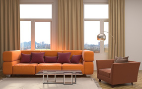 Large orange sofa with pillows by the window