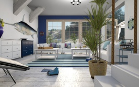 Large spacious living room in blue and white style
