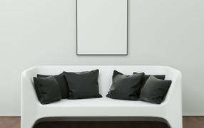 Большой белый диван с черными подушками в гостиной