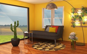 Living room with sofa, yellow walls and large window