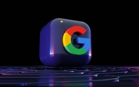 Google browser icon on a blue cube, 3D graphics