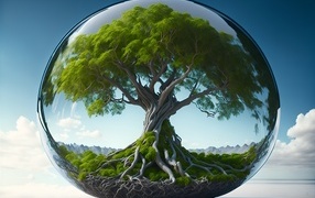 Зеленое дерево в капле воды на фоне неба