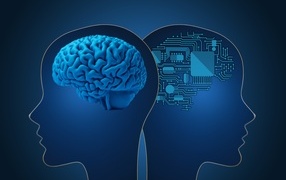 Living brain and artificial intelligence on blue background