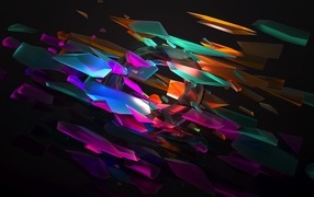 Multi-colored 3D fragments and a circle on a black background