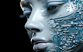 Robot girl face on black background 3D graphics