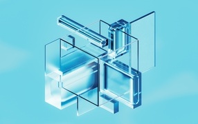 Various glass figures on a blue background 3D graphics