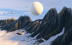 White planet over mountains 3d graphics