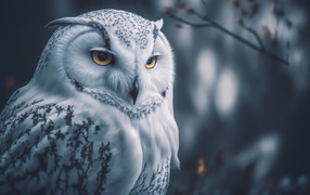 Severe snowy owl with yellow eyes