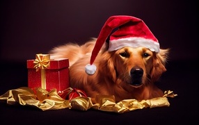 Golden retriever in a Christmas hat with a gift