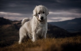 Пиренейская горная собака стоит на траве