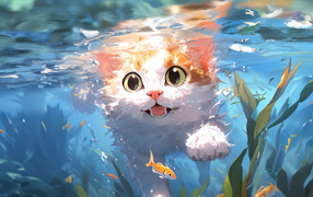 Anime cat swims in the water