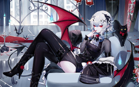 Девушка аниме демон с черным котом