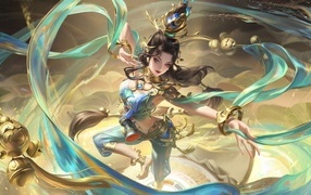 Девушка аниме танцует с голубыми лентами