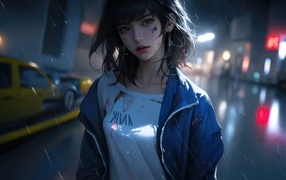 Девушка аниме в синей куртке