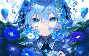Девушка аниме в синих фантастических цветах