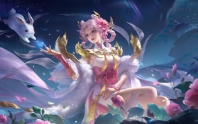 Девушка аниме в воздухе с животными