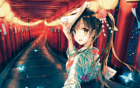 Девушка аниме снимает маску