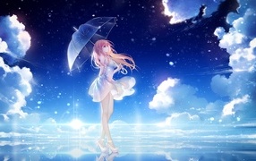 Девушка аниме под зонтом в воде