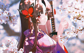 Девушка аниме с бабочкой в волосах