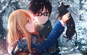 Парень и девушка аниме с котенком в руках