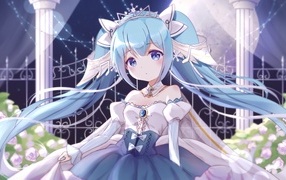 Милая девушка аниме Мику Хацунэ в красивом платье